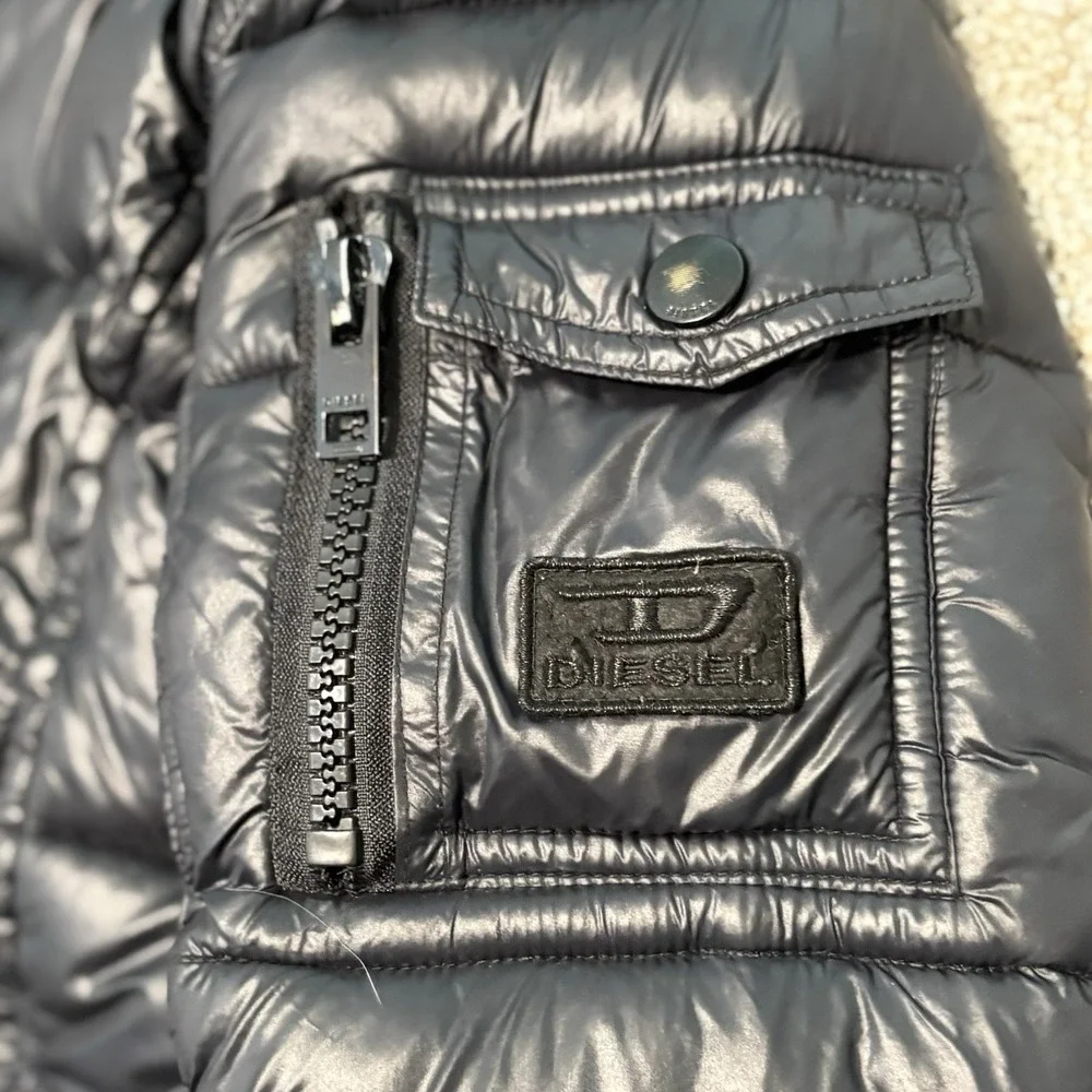 Diesel Puffer Jacket Size 10/12 Girls Black No Hood Faux Fur Zipper Up Pockets